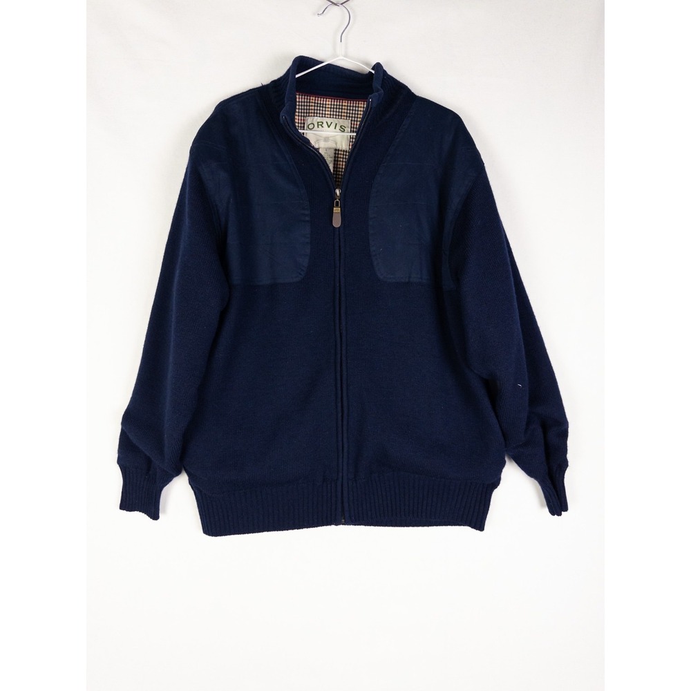 VTG Orvis Sweater Mens L Blue Knit 100% Wool Full Zip Commando Utility